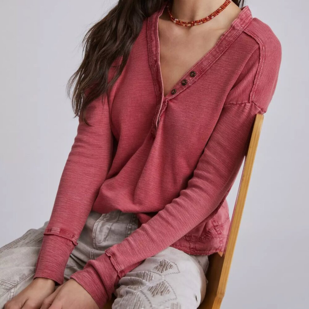 Anthropologie Rose-Red Long Sleeve Henley Top